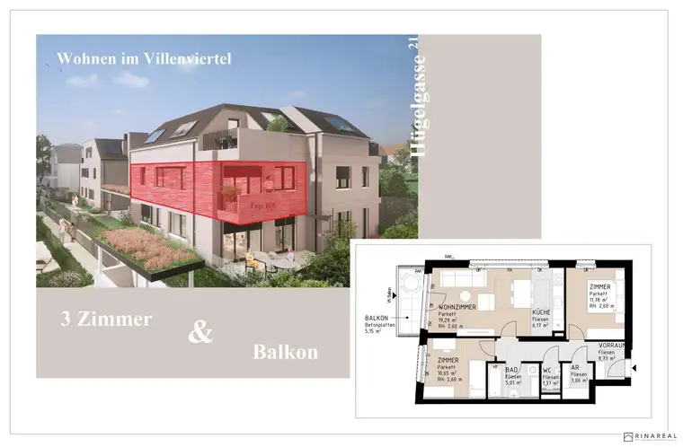 PROVISIONSFREI | Wohnen im Villenviertel | 3 Zimmer Wohnung mit Balkon (1.OG) | Hügelgasse | Fertigstellung Mitte 2025 (Gebäude B - Top 6)