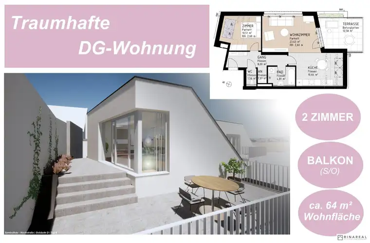 PROVISIONSFREI | Wohnen im Villenviertel | 2 Zimmer Wohnung mit Balkon (DG) | Hügelgasse | Fertigstellung Mitte 2025 (Gebäude B - Top 15)