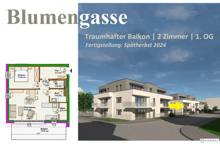 Blumengasse - Bauteil B | Neubauprojekt | 2 Zimmer Wohnung - 1.OG | Balkon | Belagsfertig | Tiefgaragenstellplatz optional | Spätherbst 2024 (Top B6)