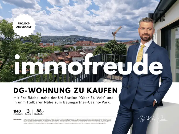 Zum Verkauf steht eine 3 Zimmer Dachgeschosswohnung ohne Dachschrägen mit Fernblick und Terrasse, in Wien Penzing, nahe der U4 Station “Ober St. Veit” und in unmittelbarer Nähe zum Baumgartner-Casino-Park.
