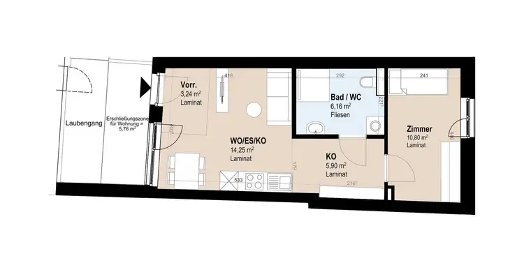 Neubauwohnung im 3. Stock mit 2 Zimmern