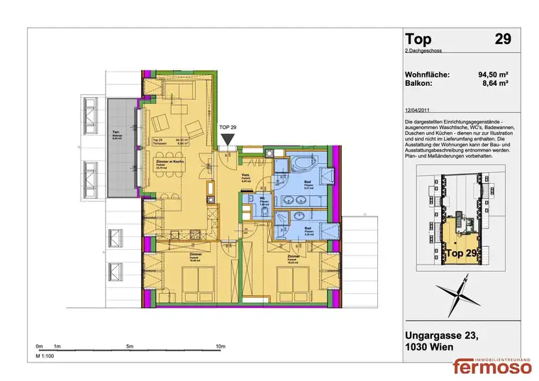 klimatisierte Dachgeschosswohnung mit 3 Zimmer (95m²) / verfügbar ab August 2024