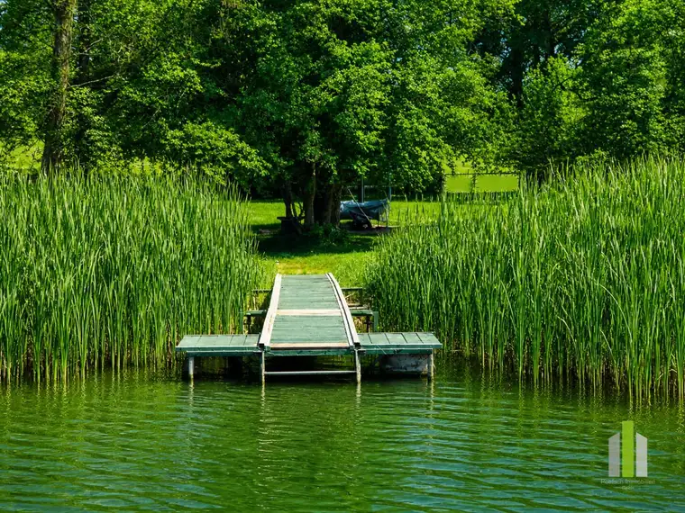 Direkt am Obertrumer See: Badegrundstück mit Steg, Boje &amp; Weinfass-Schlafplatz