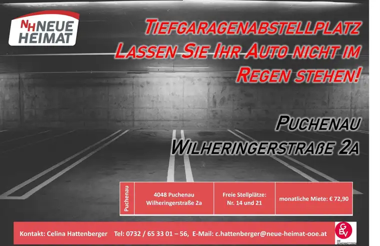 PARKPLATZ BUCHEN STATT SUCHEN - TIEFGARAGENPLÄTZE IN PUCHENAU ZU VERMIETEN!