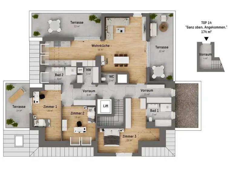 "Ganz oben. Angekommen": Premium-Penthouse mit 4 Zimmern und 3 Terrassen im 2. DG. 