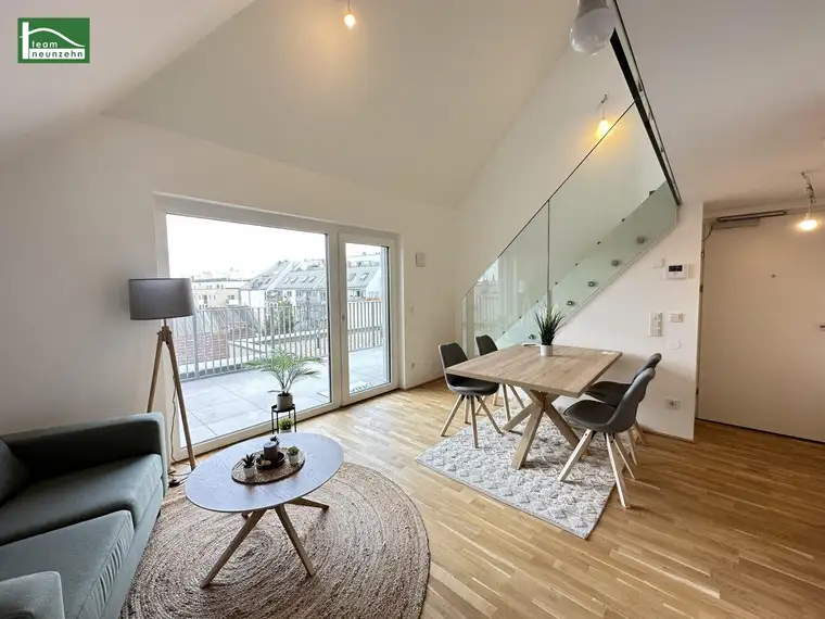 Traumhafte Erstbezugs-Maisonette mit Galerie, großer Terrasse und Weitblick nahe Kagraner Platz! Hochmoderne Ausstattung und Küche inkludiert!