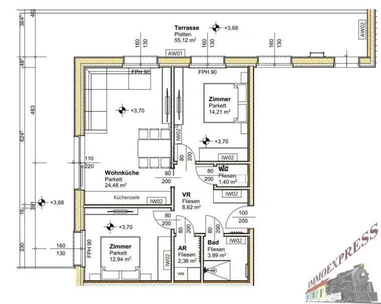 Hochwertige 3- Zimmerwohnung mit 55,12 m² Terrasse - NEUBAU