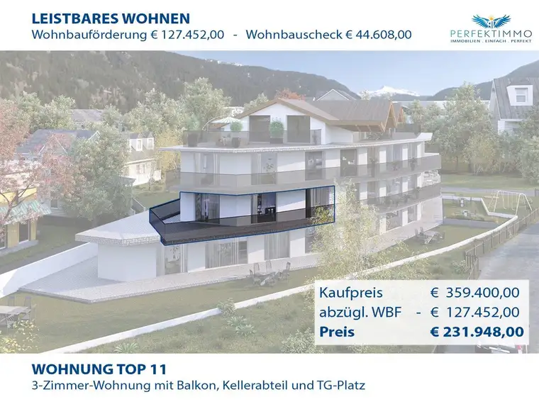 Top 11 mit WBF: Exklusive 3-Zimmer-Neubauwohnung mit über 50 m² großem Panoramabalkon