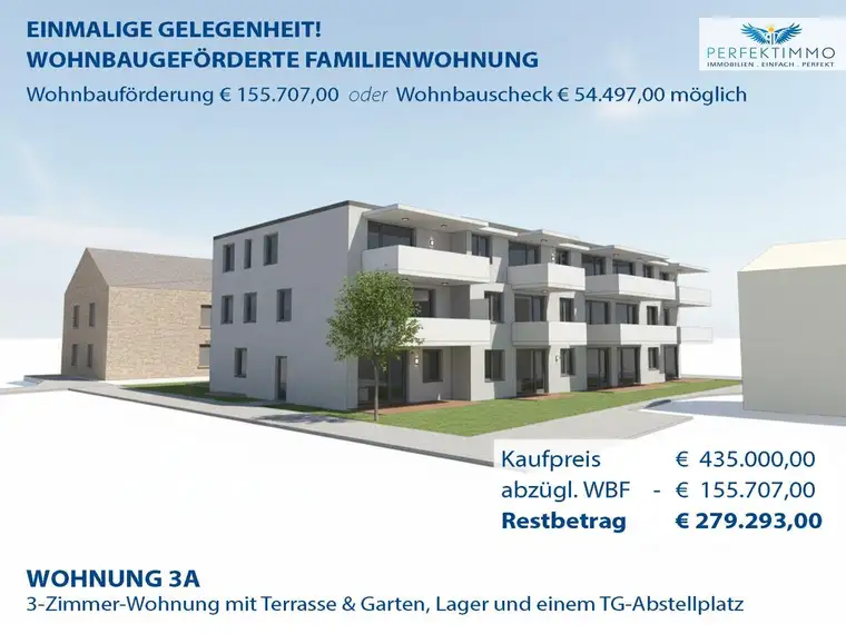 Wohnbauförderung möglich! 3-Zimmer-Neubauwohnung Top W 3A mit Terrasse &amp; Garten sowie 1 TG-Platz