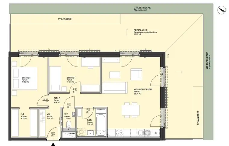 5 IN 22 - 3-Zimmer-Wohnung im Erdgeschoss mit ca. 66 m² Terrasse direkt an der U2 Station - Miete 1220 Wien