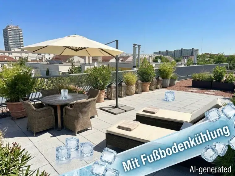 Sonnenstrahlen auf der großen Dachterrasse genießen. - Fußbodenkühlung und Heizkosten inklusive. - Nähe Kirchenplatz Atzgersdorf.