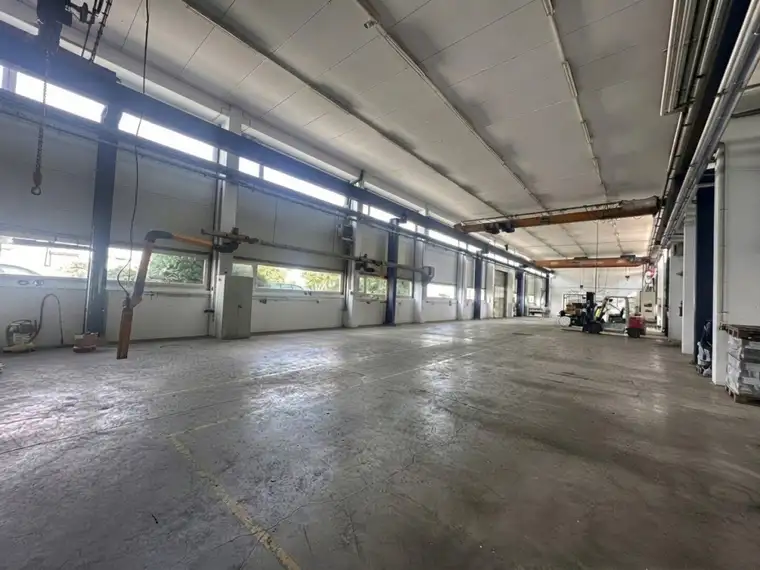 Zentral gelegene Produktionshalle mit 3 Kränen, großen Rolltoren, Lagerräumen, Büro und Outdoorbereich.