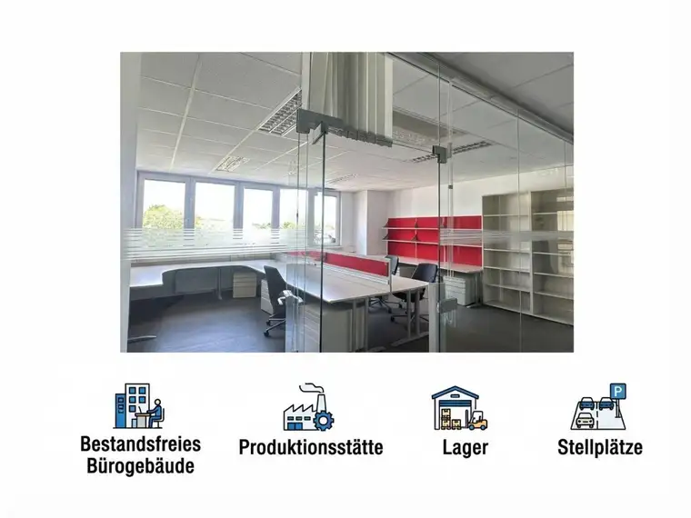 Single Tenant: Bestandsfreies Bürogebäude mit anschließenden Hallen, Produktionsstätte und Stellplätzen