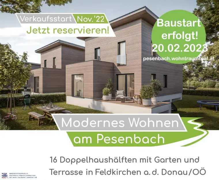 NEUBAU "Modernes Wohnen am Pesenbach" - 16 Doppelhaushälften je mit Garten und Terrasse - BAUSTART ERFOLGT!