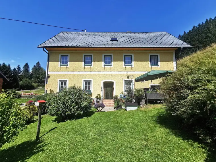 Bauernhaus mit Stallgebäude, umliegenden Wiesenflächen und Wald