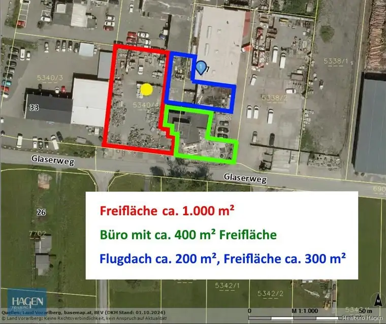 Überdachte Fläche (Flugdach) mit ca. 200 m², Freifläche mit ca. 300 m² plus Halle und Büro zu pachten - Glaserweg, Lustenau!
