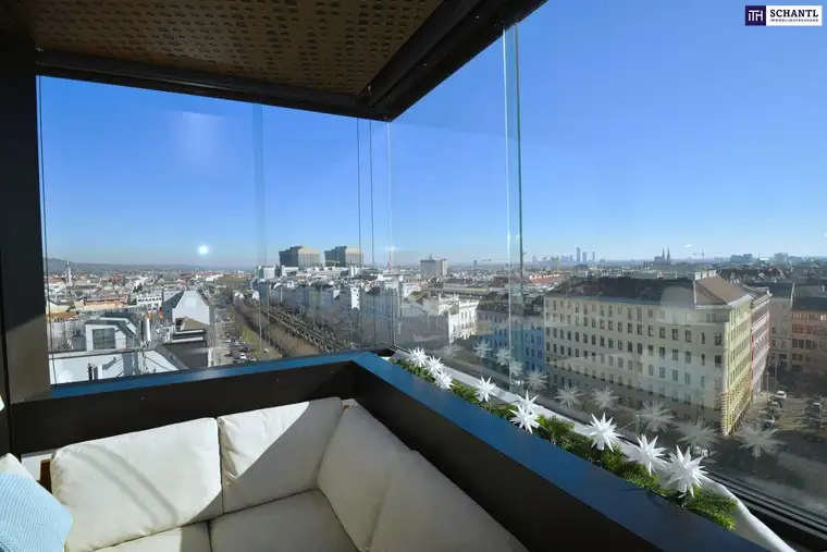 Sky High Living: 2-Zimmer Wohnung mit ganzjährig nutzbarer Loggia und atemberaubendem Wien-Panorama im 9. Stock! High-End Ausstattung!
