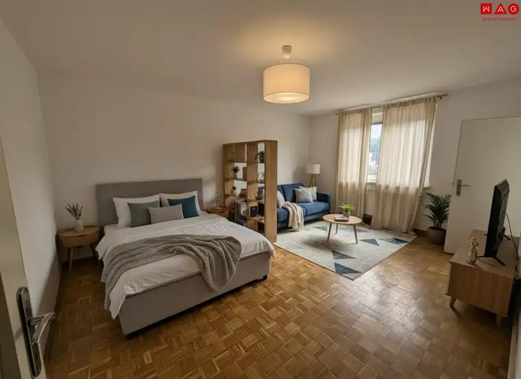 Singles aufgepasst! Sanierte, helle 1-Raum-Wohnung mit idealer Raumaufteilung in Steyr Münichholz: komfortabel, erschwinglich und mitten im Grünen! Praktischer Abstellraum, Aufzug und geräumiges Badezimmer inklusive! Jetzt mit KI-Visualisierung!