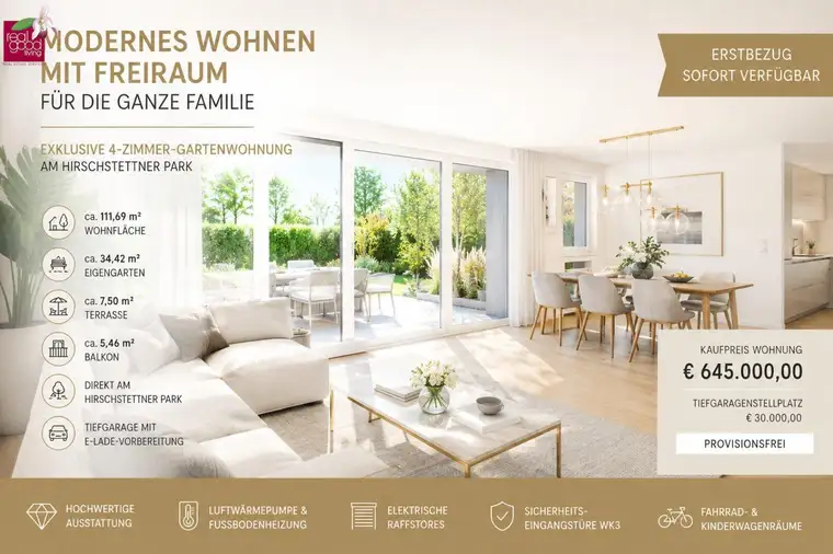 4-ZIMMER-FAMILIENTRAUM MIT GARTEN, TERRASSE &amp; BALKON auf zwei Etagen, PROVISIONSFREIER ERSTBEZUG IN 1220 WIEN