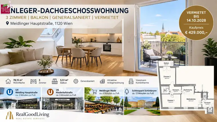Anleger-Dachgeschoßwohnung | 3 Zimmer | Balkon | U4 &amp; U6 fußläufig | vermietet bis 2028