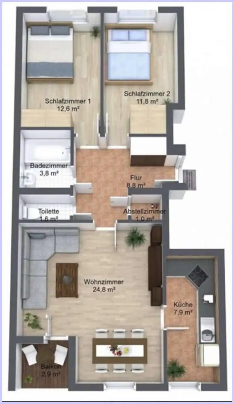 Anlegerwohnung für Studenten 2er WG. 2 extra SZ, 1 großer Wohnraum, Küche, Bad, WC, Loggia, Garten.