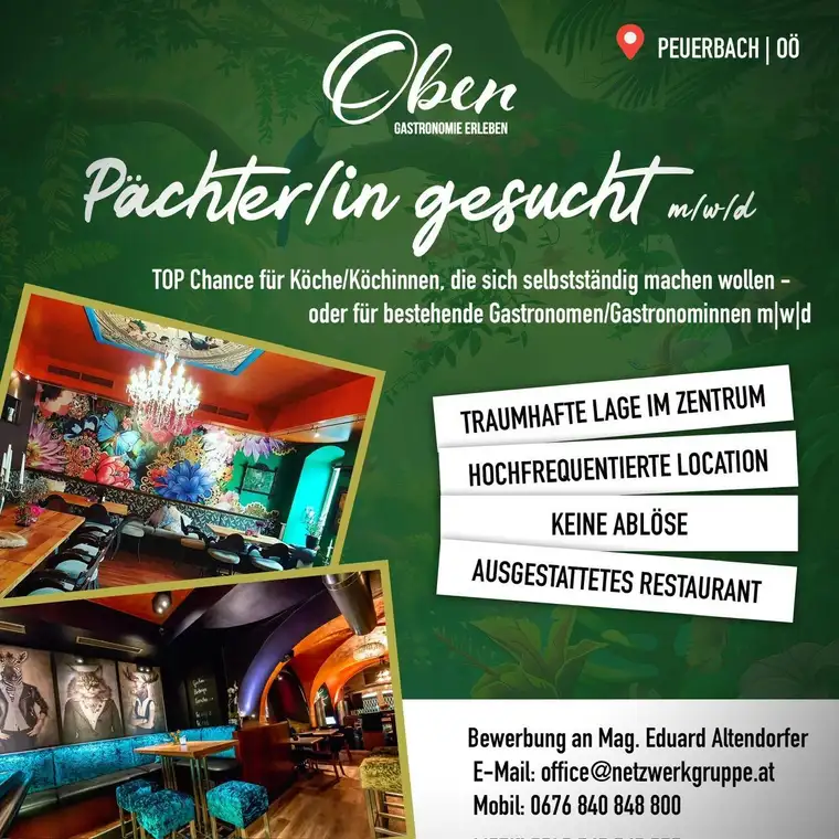 italienisches Restaurant mit Bar im wunderschönen Peuerbach (OÖ) sucht ab sofort oder ab 1. Jänner 2025 einen **neuen Pächter*in** (m/w/d)!