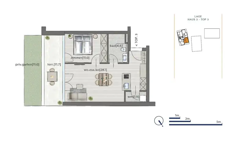 Exklusive 2-Zimmer-Wohnung mit Terrasse und Garten