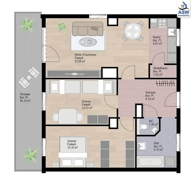 Provisionsfrei: Perfekt aufgeteilte 3-Zimmerwohnung ca. 75 m2 mit Dachterrasse