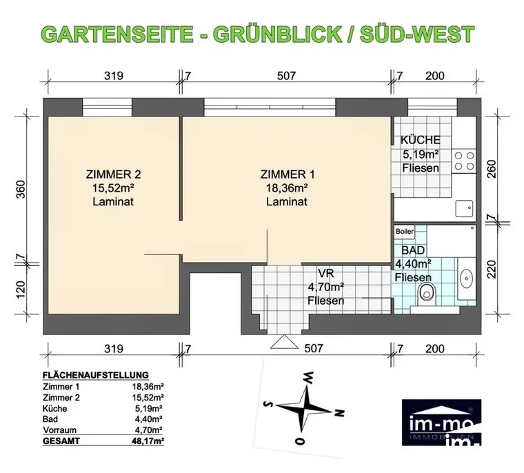 ERSTBEZUG NACH VOLLSANIERUNG - 2-Zimmer + offene Küche - 49 m2 - geringe BK - RUHELAGE - GRÜNBLICK - PROVISIONSFREI