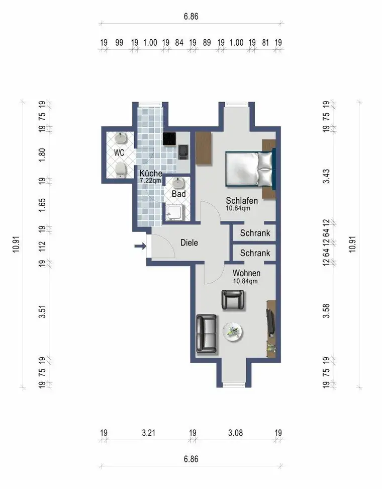 Dachgeschosswohnung für 1-2 Personen - Für Raucher geeignet - Heizung inklusive - ab 1. September