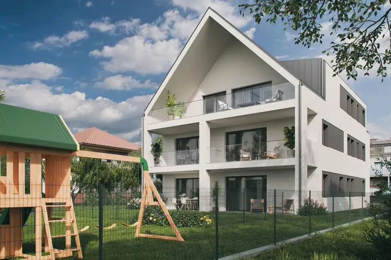Modernes Wohnhaus (mit 4 Einheiten) nahe dem Wasserwald - Charmante Eigentumswohnung TOP 3 mit Balkon und Gartenanteil