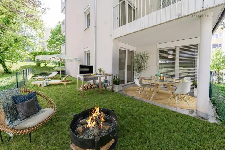 Neubauwohnung mit 100 m² Garten in Toplage nahe LKH – zwei Terrassen &amp; Garagenplatz