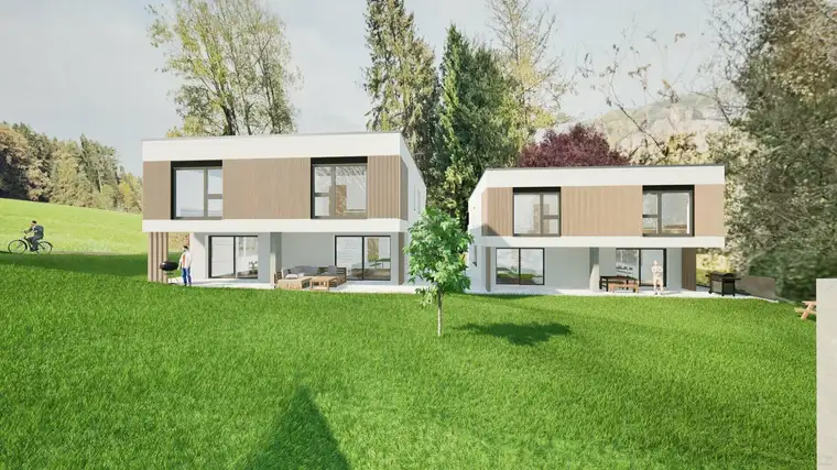 Moderne Doppelhaus-Villa mit Terrassen, Eigengarten und überdachtem Stellplatz in Grün-Ruhe-Lage - Graz-St.Veit