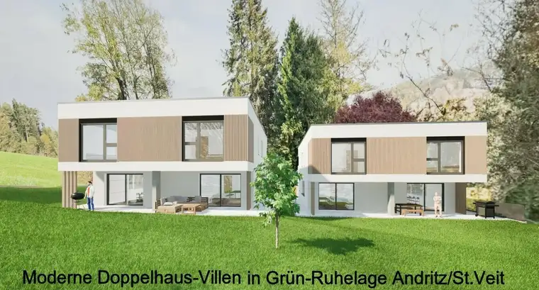 Moderne Doppelhaus-Villa mit Terrassen, Eigengarten und überdachtem Stellplatz in Grün-Ruhe-Lage - Graz-St.Veit