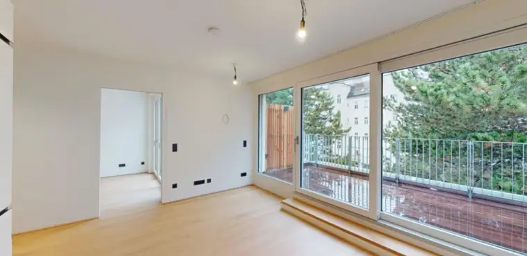 Pauschalmiete inklusive Warmwasser &amp; Heizung/Kühlung - Moderne 2-Zimmer-Wohnung mit schöner Terrasse in den Hof - Stilvolle Ausstattung