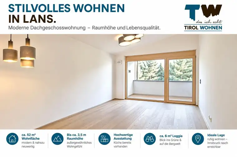 Stilvolles Wohnen in Lans – Dachgeschosswohnung mit außergewöhnlicher Raumhöhe