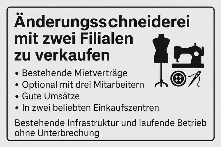 Erfolgreiche Änderungsschneiderei mit zwei Top-Standorten in hochfrequentierten Einkaufszentren zu verkaufen
