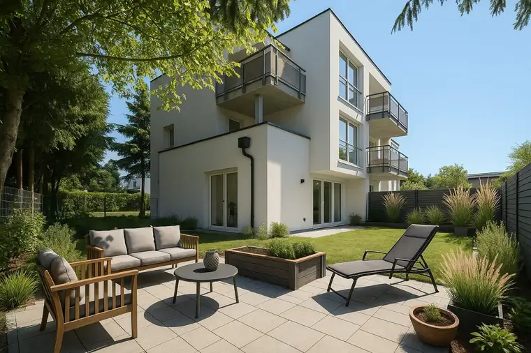 Schlüsselfertig: Gartenwohnung mit großer Terrasse u. Parkplatz.