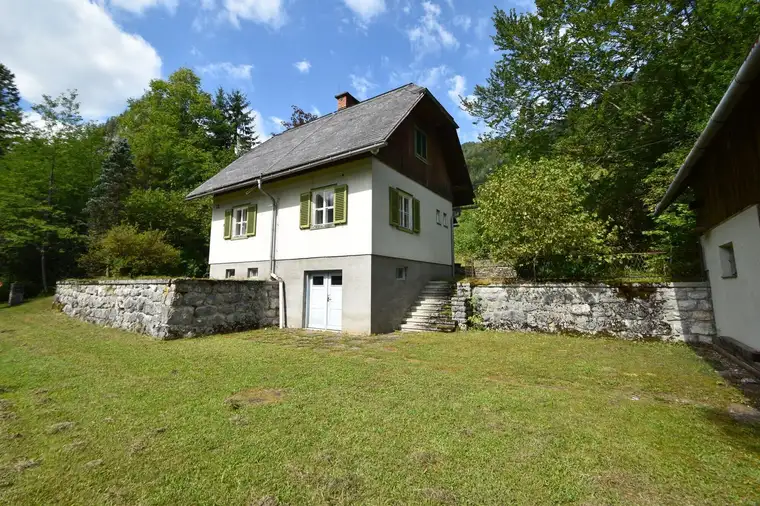 Entwicklungsfläche mit sanierungsbedürftigem Gebäude und Hochschwab-Blick im Jagdeldorado Wildalpen