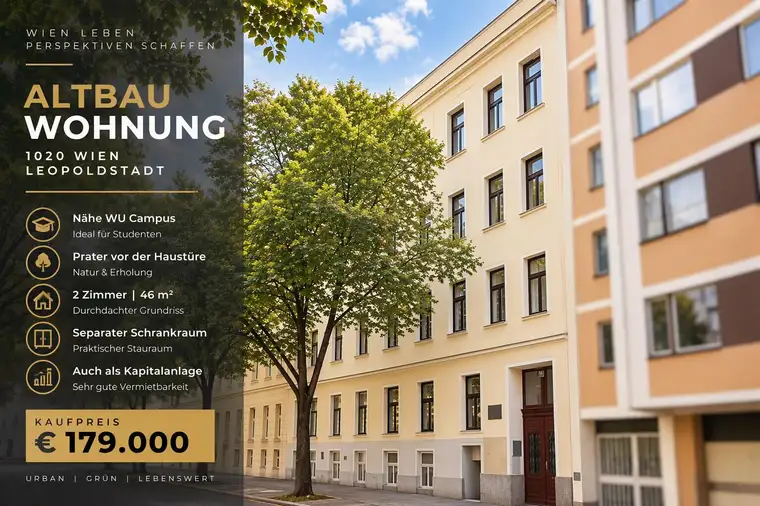 Altbauwohnung nahe WU &amp; Prater | 2 Zimmer | Schrankraum | Perfekt für Studenten &amp; Eigennutzer