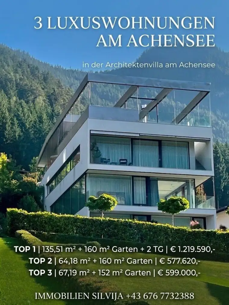 Achensee: Luxuswohnung in der Architektenvilla der Superlative – Top W1 mit Seeblick, ca. 135 m² Wohnfläche, ca. 160 m² Privatgarten, ca. 25,18 m² Balkon &amp; 2 Tiefgaragenstellplätze inklusive
