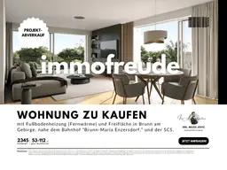 Zum Verkauf steht eine 2-Zimmer-Garten-Wohnung mit 40,47 m² Freifläche in Brunn am Gebirge, nahe dem Bahnhof "Brunn-Maria Enzersdorf" und nur 8 Autominuten von der SCS entfernt.