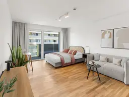 Kurzzeitmiete: Studio Large (möbliert) mit Zugang zu Fitness, Co-Working, Dachterrasse, Kinoraum