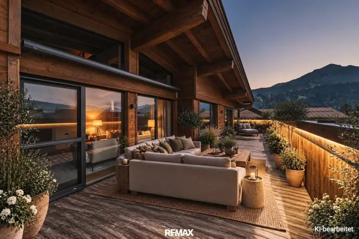 KI bearbeitet - Visualisierung Terrasse Abendstimmung