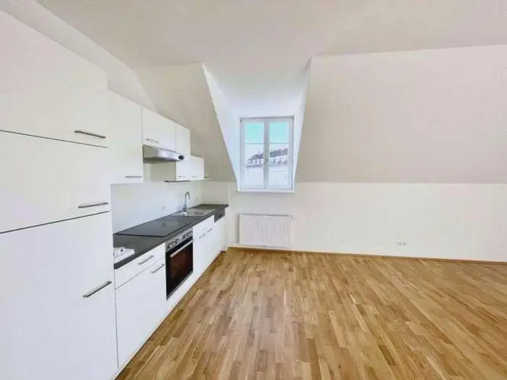großes und helles Wohnzimmer mit neuwertiger Einbauküche (getr. begehbar)