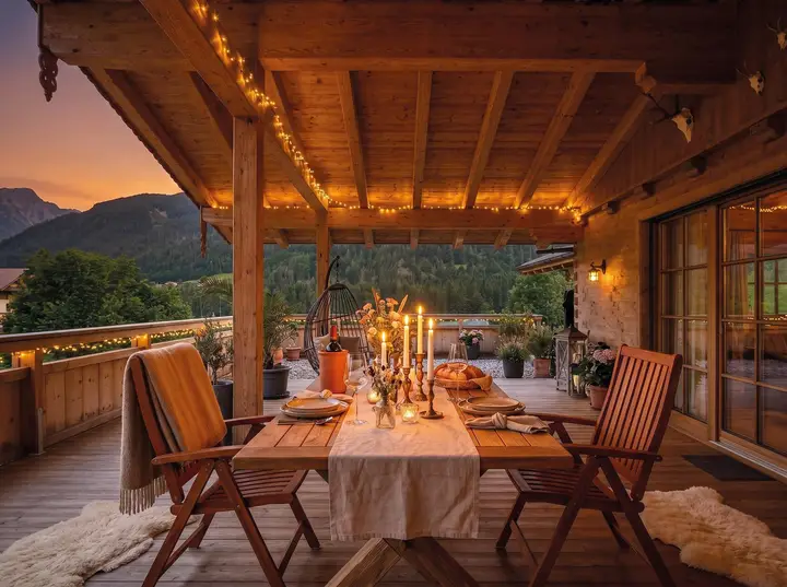 Dinner am Abend auf der Panoramaterrasse – Bild mit KI generiert