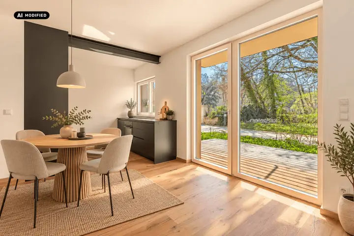 KI-bearbeitet – heller Wohn-Essbereich mit Zugang zur Terrasse
