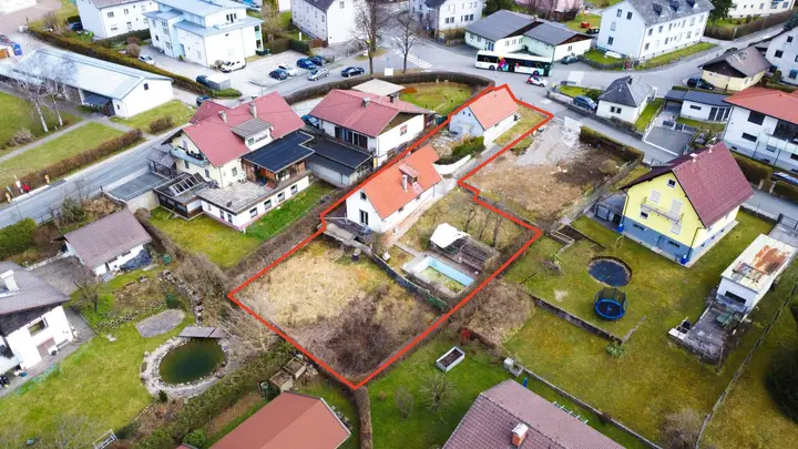 Luftbild Häuser und eingezeichnete Grundstücke