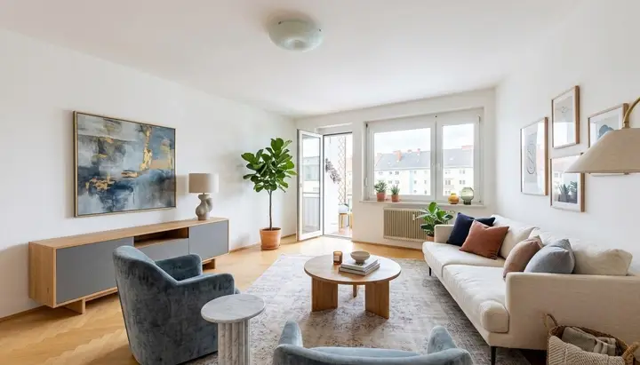 Ausstattungsbeispiel Wohnzimmer mit Westbalkon - KI-VISUALISIERT
