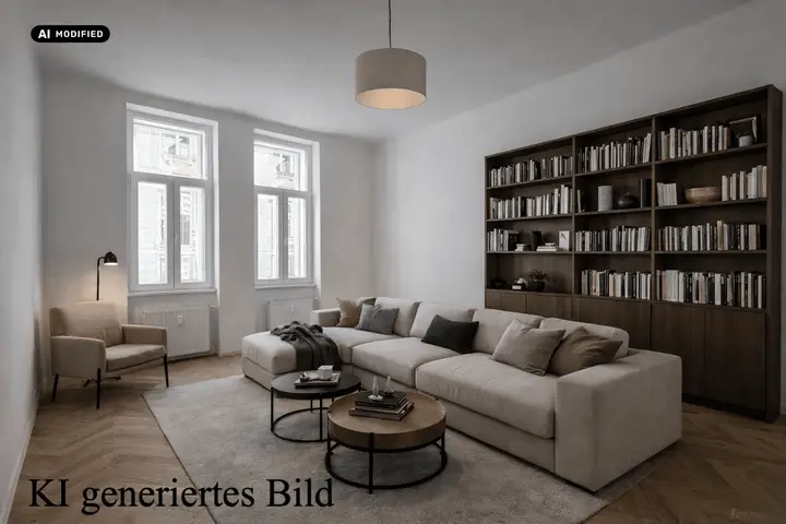 KI-bearbeitet – Helles, modernes Wohnzimmer mit Leseecke